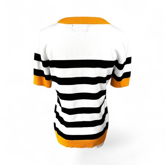 Karl Lagerfeld Paris Striped Knit Top Short Sleeve Yellow Trim Crew Neck Women S - Picture 6 of 13
